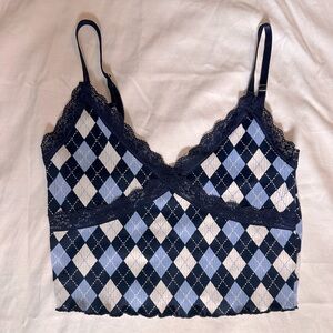 H&M Navy Blue and Light Blue Crop Top with Lace Trim